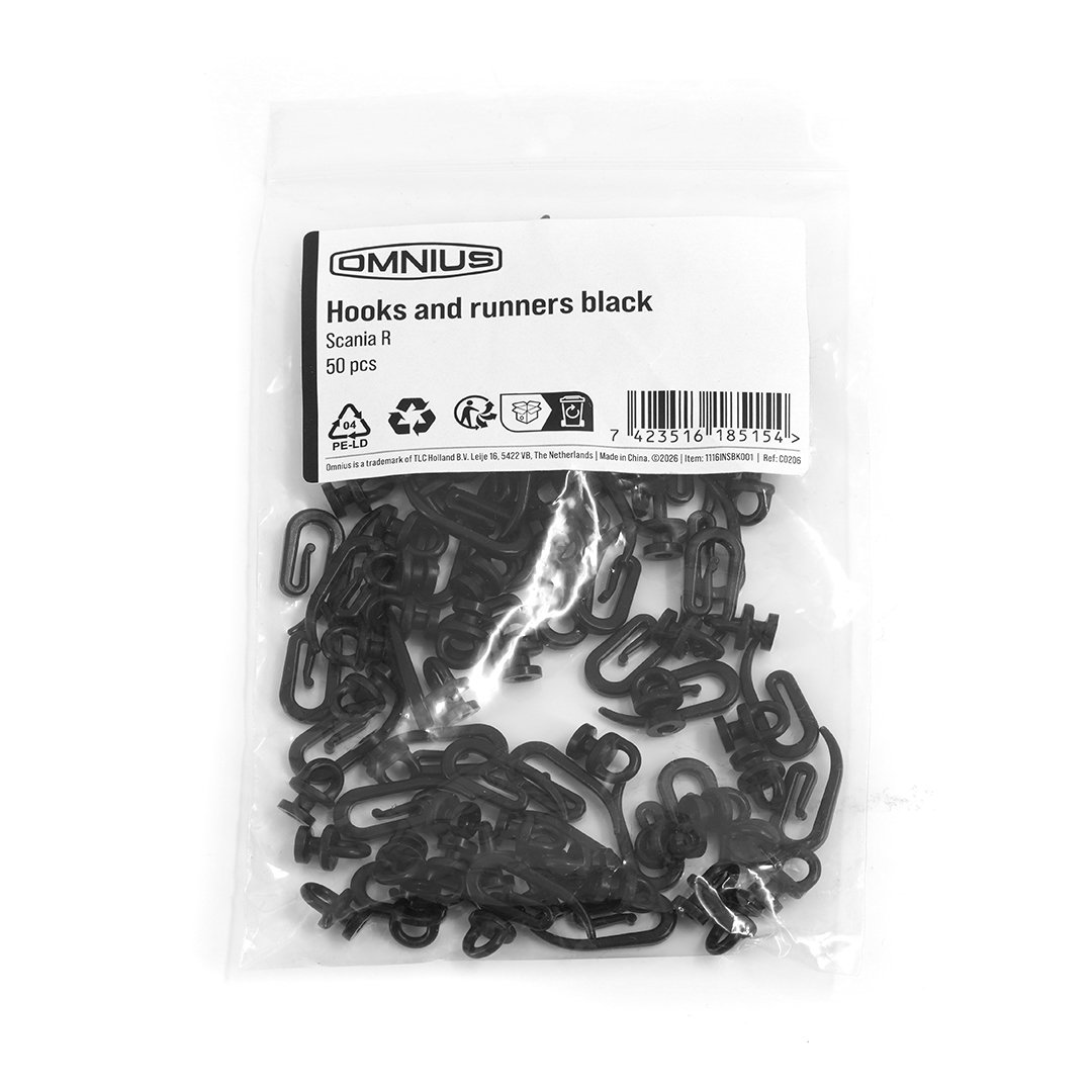 Crochets et glissières Omnius noirs pour Scania R, 50 pièces