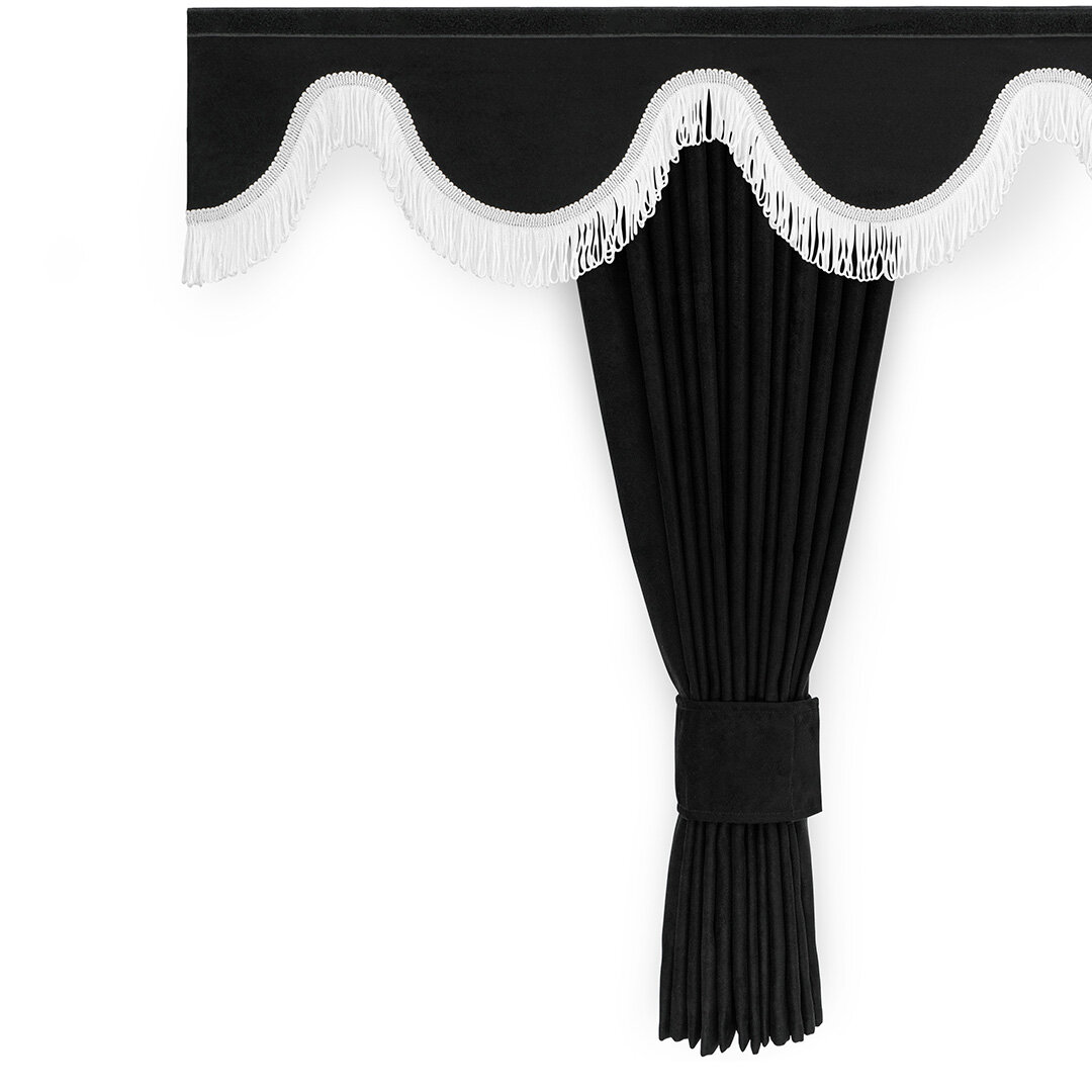Set base tenda laterale e fascia parabrezza – effetto Alcantara – frange nere e bianche
