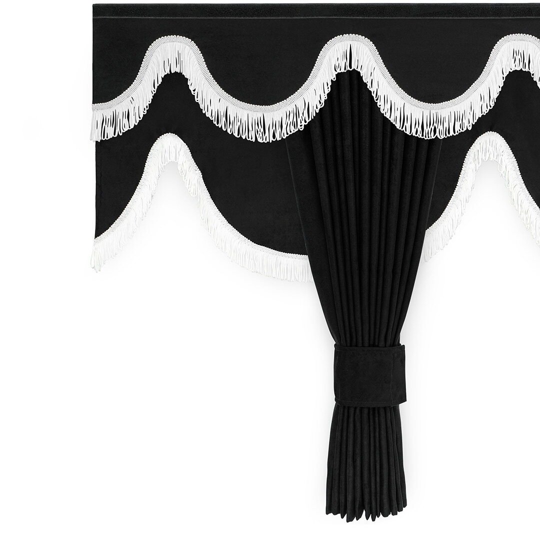 ENSEMBLE DE BASE RIDEAU LATÉRAL, RUBAN POUR FENÊTRE AVANT ET RIDEAU À 3 BURVEFRANGES NOIRES ET BLANCHES