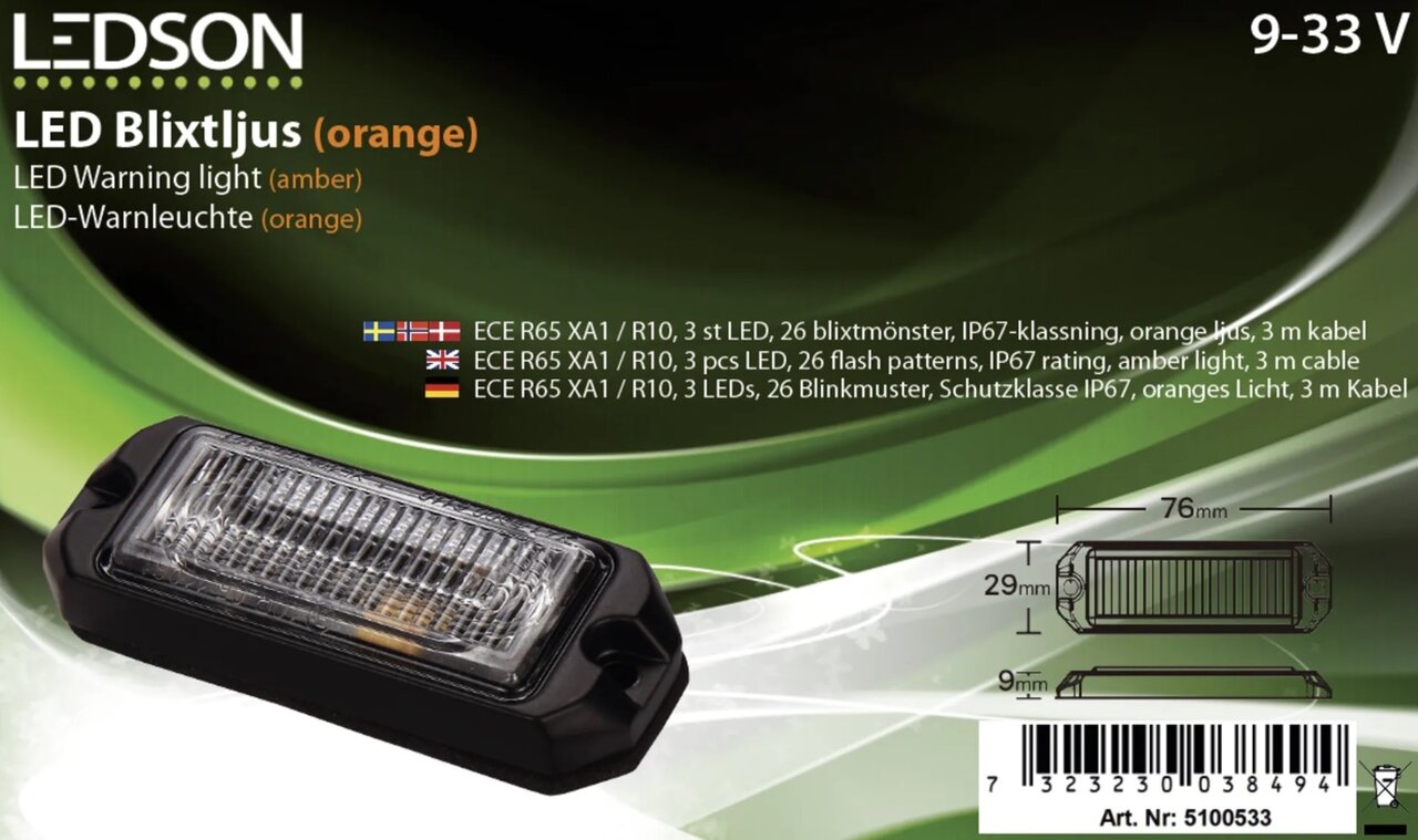 Gyrophare orange 3 LED 26 motifs de flash ECE R65 EMC R10 IP67 9-33V câble 3m