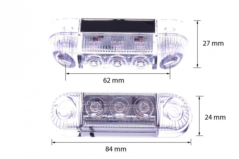 Lampe de Marquage Transparente 3 LED Verre Clair 12-24 Volt 84x24x25 mm Avec Marquage E