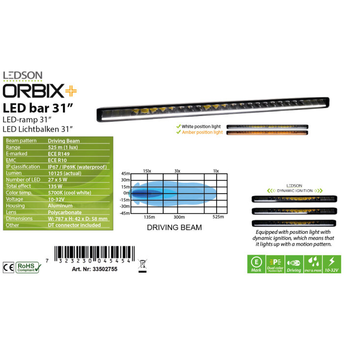 Barre LED Ledson Orbix31+ Feu de Position Dynamique 787mm 11340 Lumen 135W IP69K